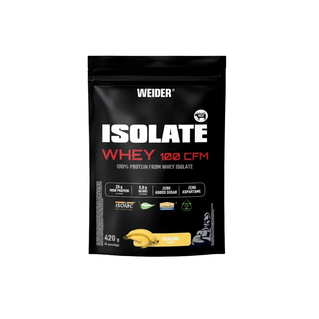 Proteína aislada Weider Isolate Whey 100 CFM sabor plátano en envase negro de BODYMANIA