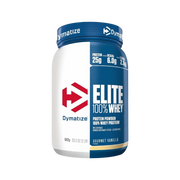 Bote de proteína Elite 100% Whey de Dymatize sabor vainilla, disponible en BODYMANIA para recuperación muscular.