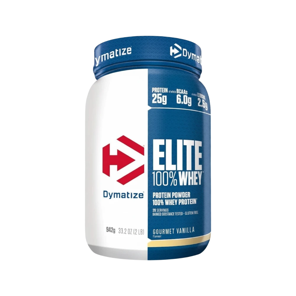 Bote de proteína Elite 100% Whey de Dymatize sabor vainilla, disponible en BODYMANIA para recuperación muscular.