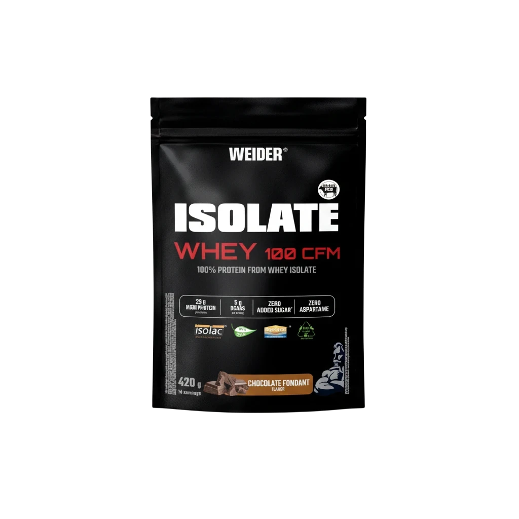 Bote de proteína Isolate Whey 100 CFM de Weider sabor chocolate fondant, disponible en BODYMANIA.