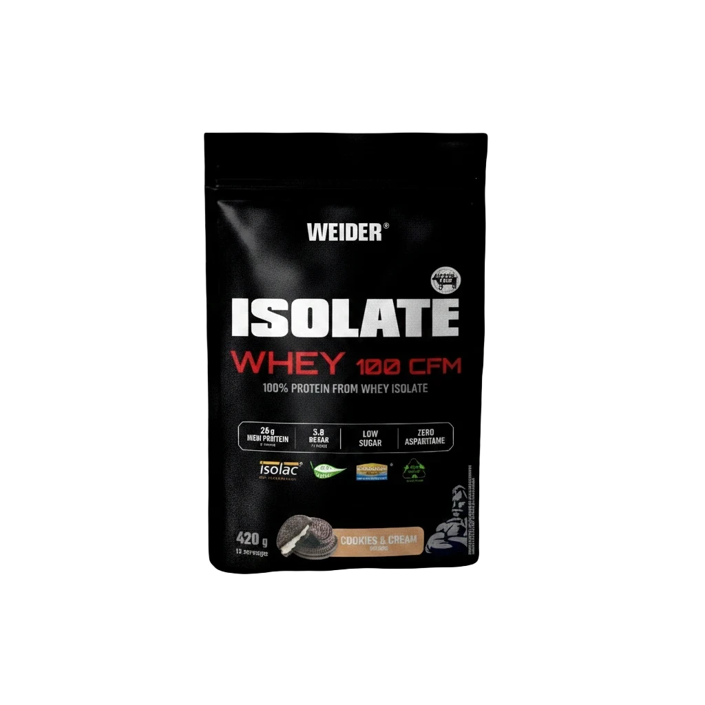 Bolsa de proteína Weider Isolate Whey 100 CFM sabor Cookies and Cream en Bodymania, aislada de suero de alta calidad.