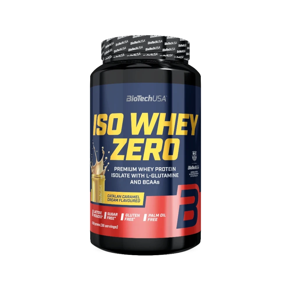 Proteína ISO WHEY ZERO de BIOTECH, envase de polvo con sabor vainilla y etiqueta visible.