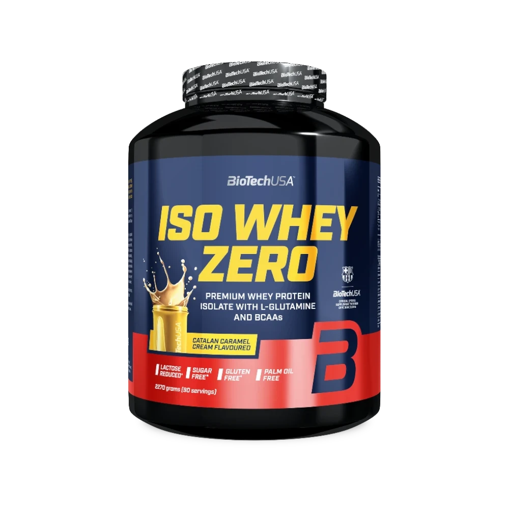Proteína ISO WHEY ZERO de BIOTECH en envase con crema catalana, vista frontal, destacando la etiqueta del producto.
