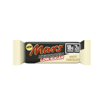 Barra de proteína Mars Protéin con chocolate blanco, baja en azúcar y de 59 gramos, vista en la imagen.