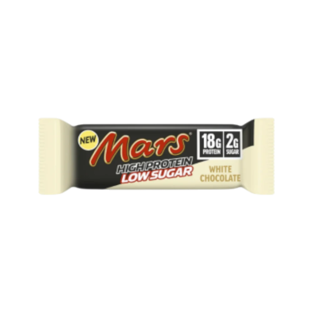 Barra de proteína Mars Protéin con chocolate blanco, baja en azúcar y de 59 gramos, vista en la imagen.