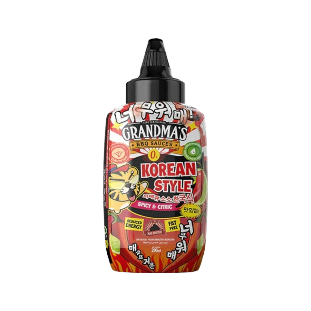 Saborizante BBQ de la marca MAX PROTEIN en botella de 290 ml, con etiqueta que muestra salsa BBQ de estilo coreano.